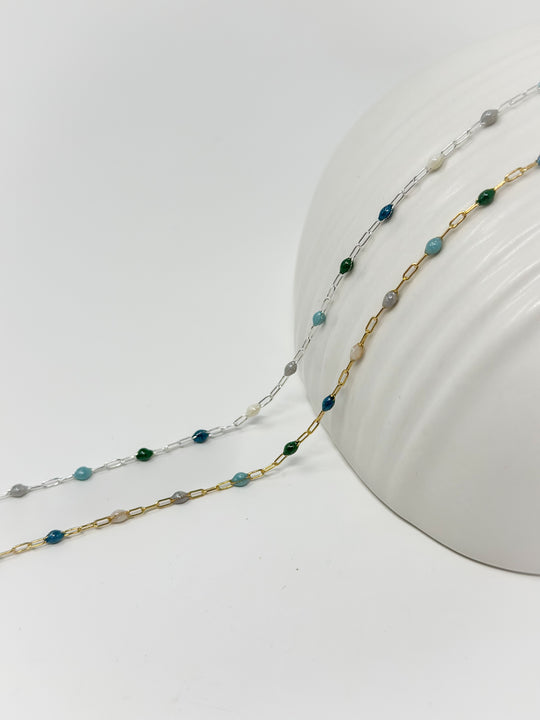 Highland Coastal Blue Green Enamel Paperclip Chain: 14k Gold Filled or 925 Sterling Silver