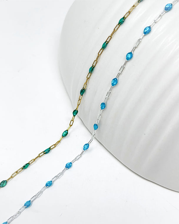 Blue Green Enamel Paperclip Chain: 14k Gold Filled or 925 Sterling Silver