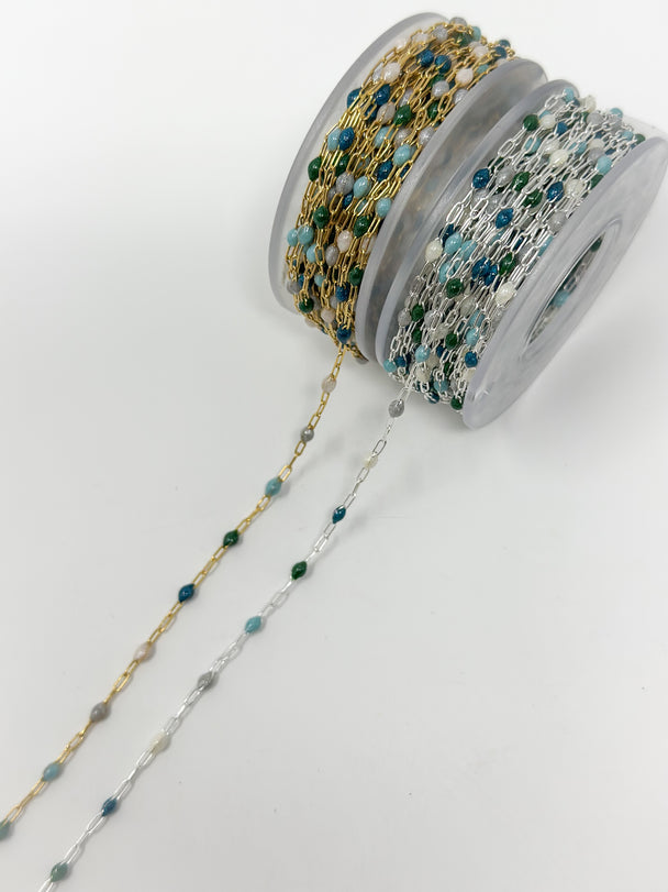 Highland Coastal Blue Green Enamel Paperclip Chain: 14k Gold Filled or 925 Sterling Silver