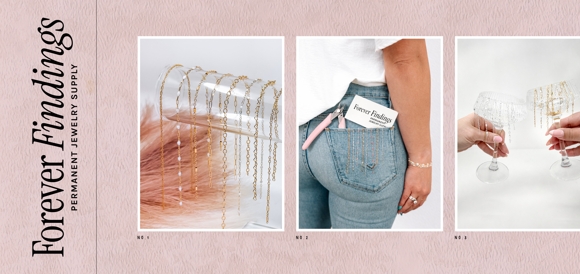 Collage of jewelry display, person wearing jewelry, and hands holding jewelry with 'Forever Findings' branding.