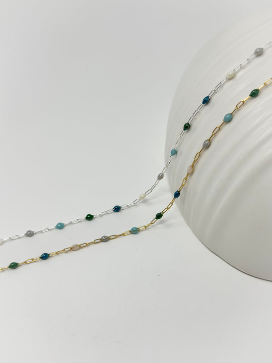 Highland Coastal Blue Green Enamel Paperclip Chain: 14k Gold Filled or 925 Sterling Silver