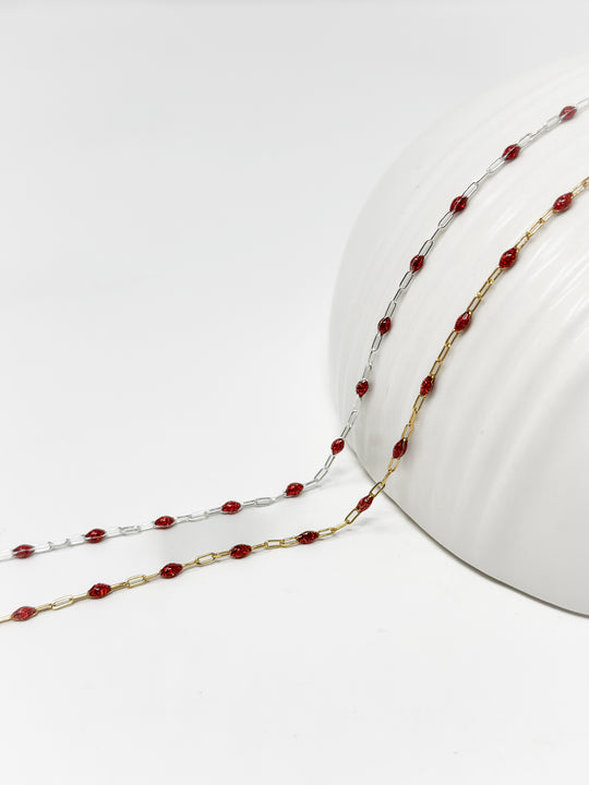 Red Glitter Enamel Paperclip Chain: 14k Gold Filled or 925 Sterling Silver