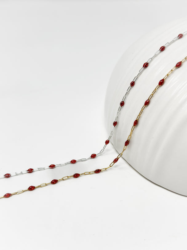 Red Glitter Enamel Paperclip Chain: 14k Gold Filled or 925 Sterling Silver