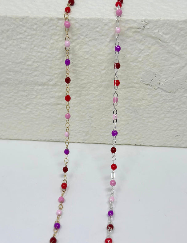 Enamel Chain Pink Red Strawberry Chain: 14k Gold Filled or 925 Sterling Silver