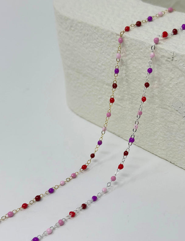 Enamel Chain Pink Red Strawberry Chain: 14k Gold Filled or 925 Sterling Silver