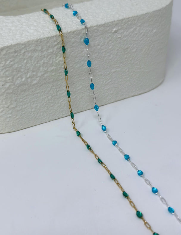 Blue Green Enamel Paperclip Chain: 14k Gold Filled or 925 Sterling Silver