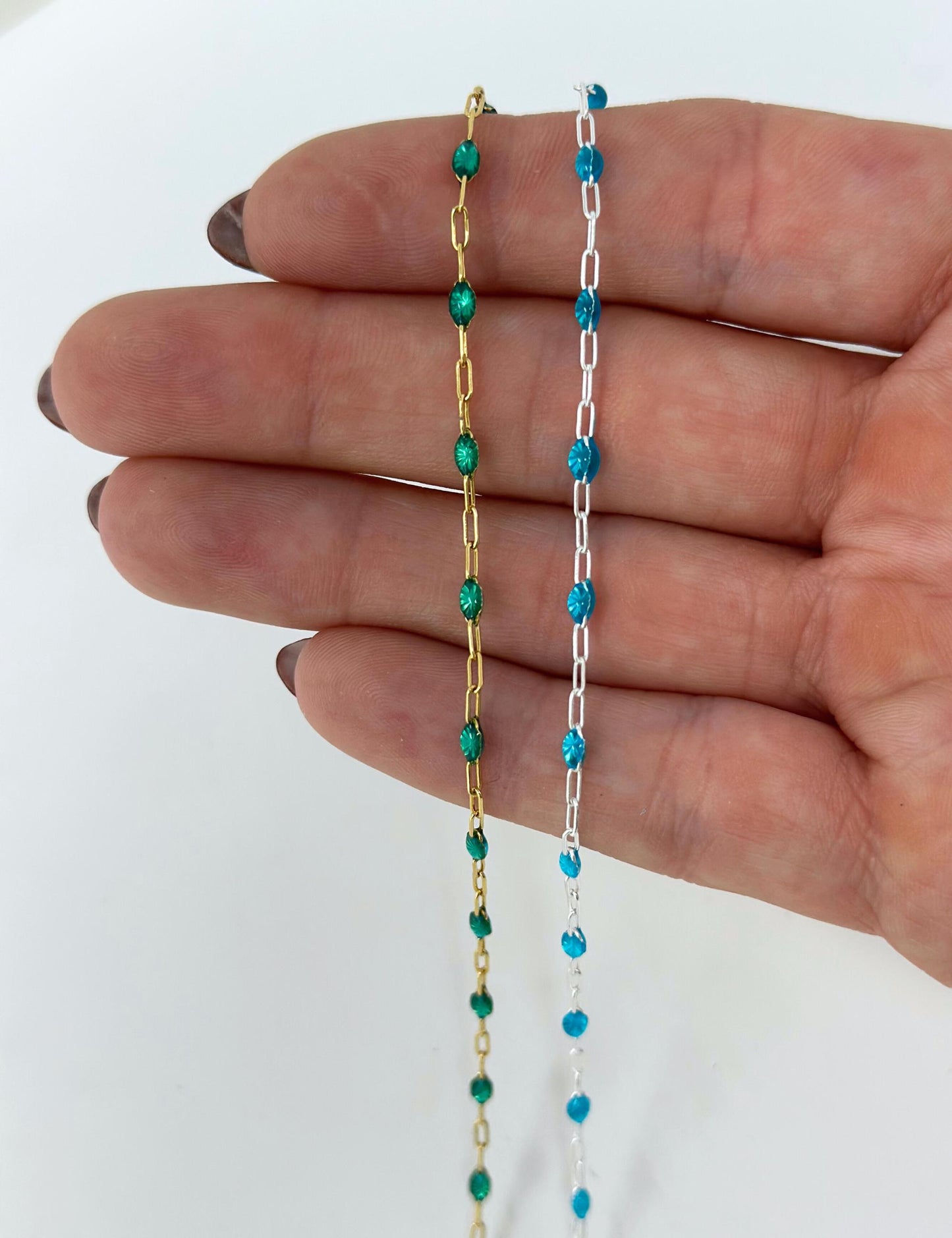 Blue Green Enamel Paperclip Chain: 14k Gold Filled or Sterling Silver