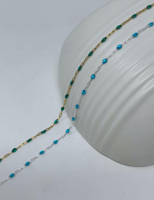 Blue Green Enamel Paperclip Chain: 14k Gold Filled or 925 Sterling Silver
