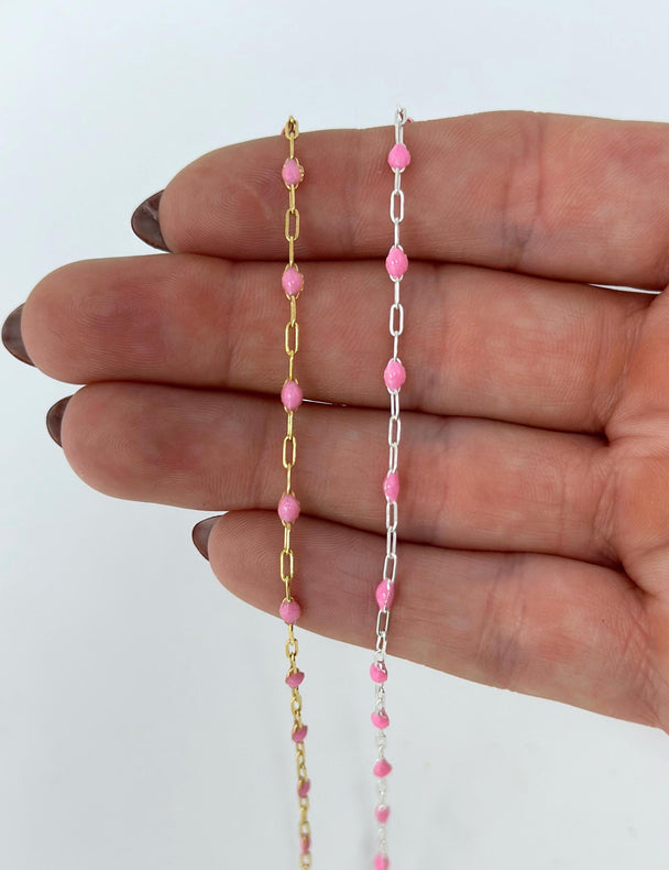 Pink Paperclip Enamel Chain: 14k Gold Filled or 925 Sterling Silver