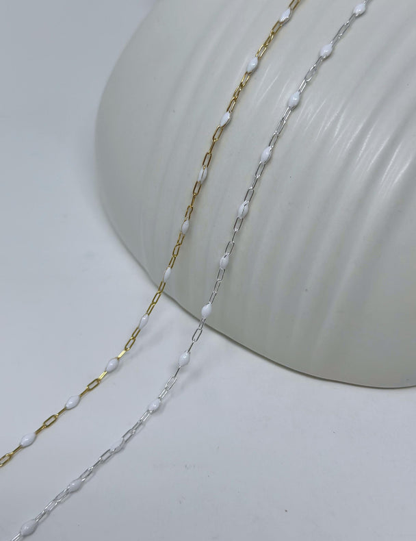 White Enamel Paperclip Chain: 14k Gold Filled or 925 Sterling Silver