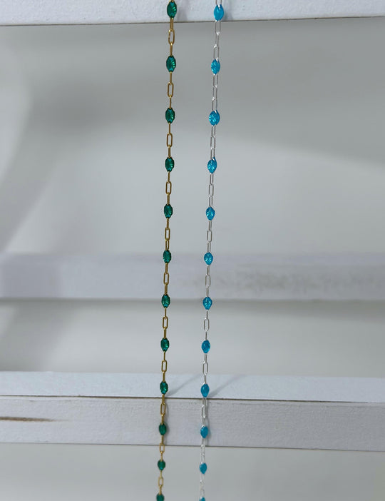 Blue Green Enamel Paperclip Chain: 14k Gold Filled or 925 Sterling Silver