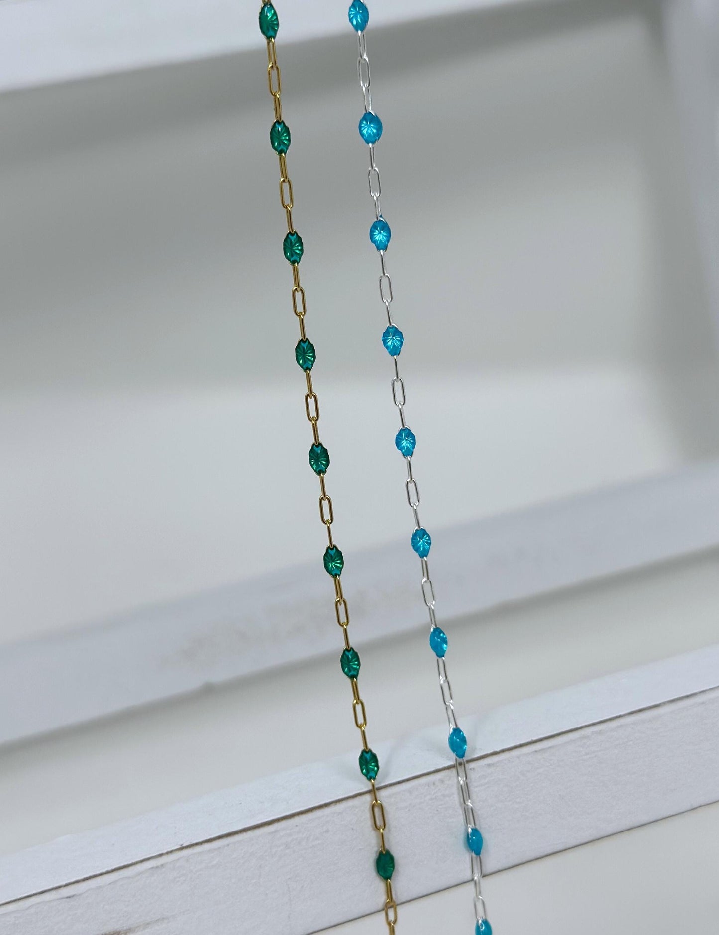Blue Green Enamel Paperclip Chain: 14k Gold Filled or Sterling Silver
