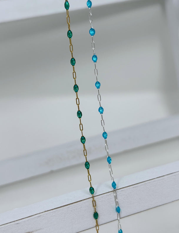 Blue Green Enamel Paperclip Chain: 14k Gold Filled or 925 Sterling Silver