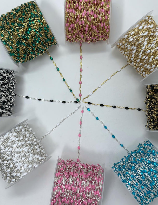 Blue Green Enamel Paperclip Chain: 14k Gold Filled or 925 Sterling Silver