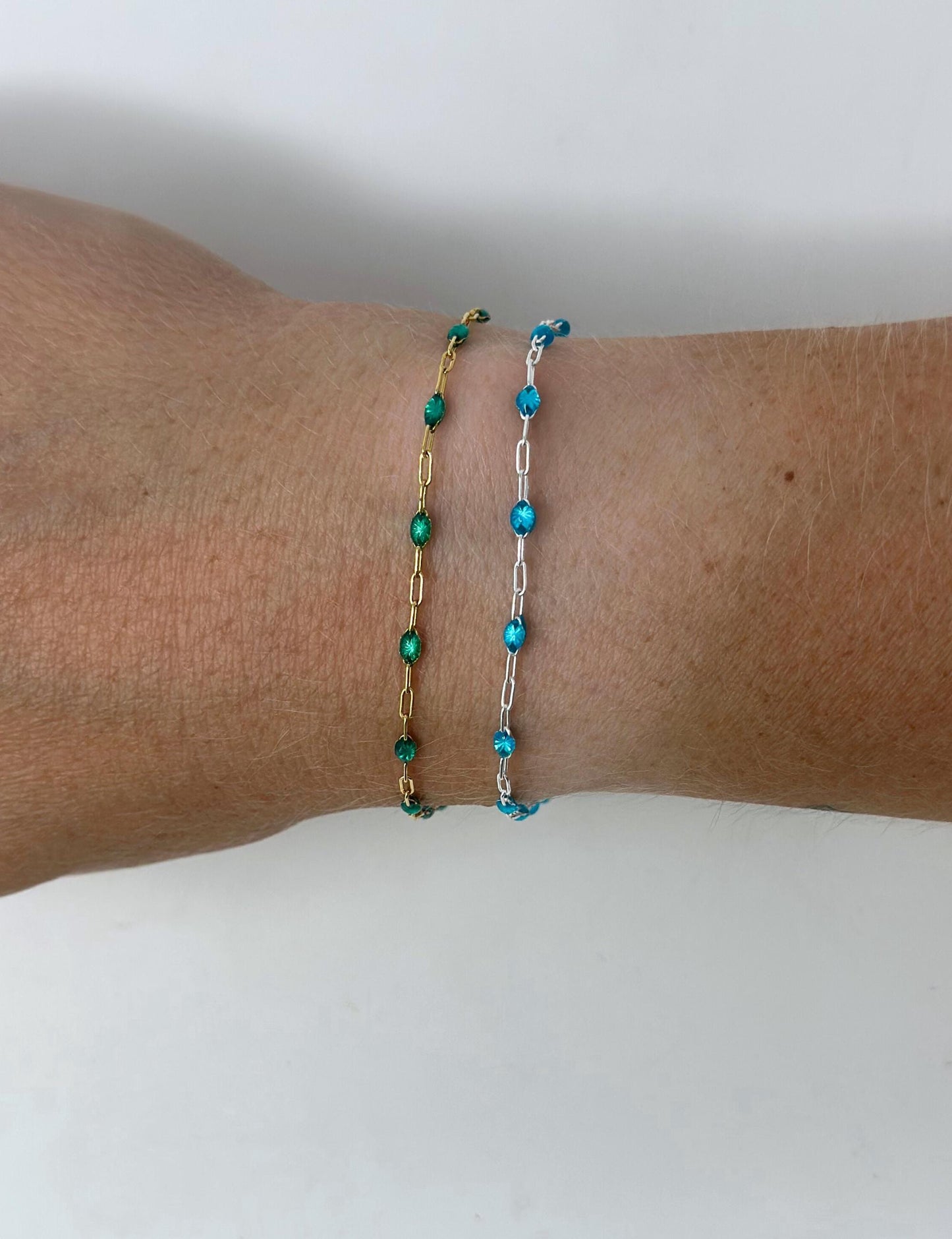 Blue Green Enamel Paperclip Chain: 14k Gold Filled or Sterling Silver