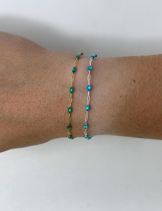 Blue Green Enamel Paperclip Chain: 14k Gold Filled or 925 Sterling Silver