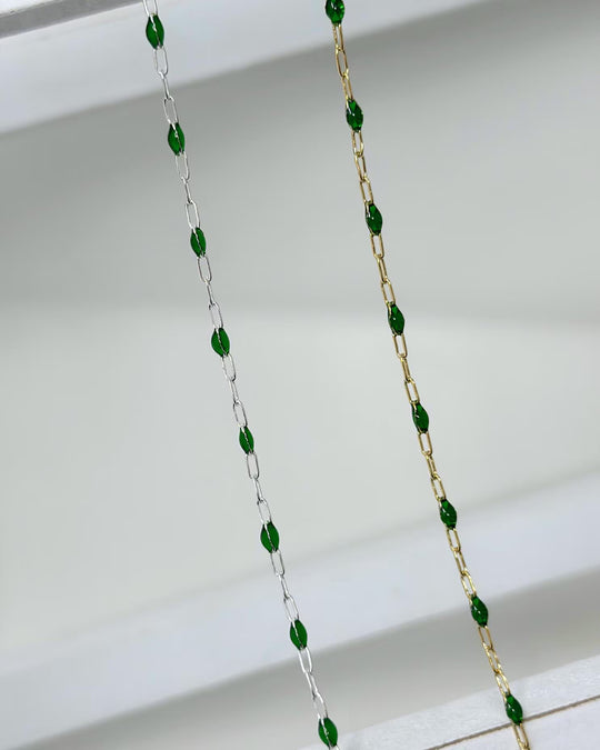Green Enamel Paperclip Chain: 14k Gold Filled or 925 Sterling Silver