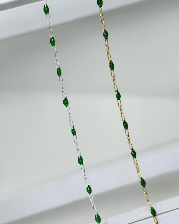 Green Enamel Paperclip Chain: 14k Gold Filled or 925 Sterling Silver