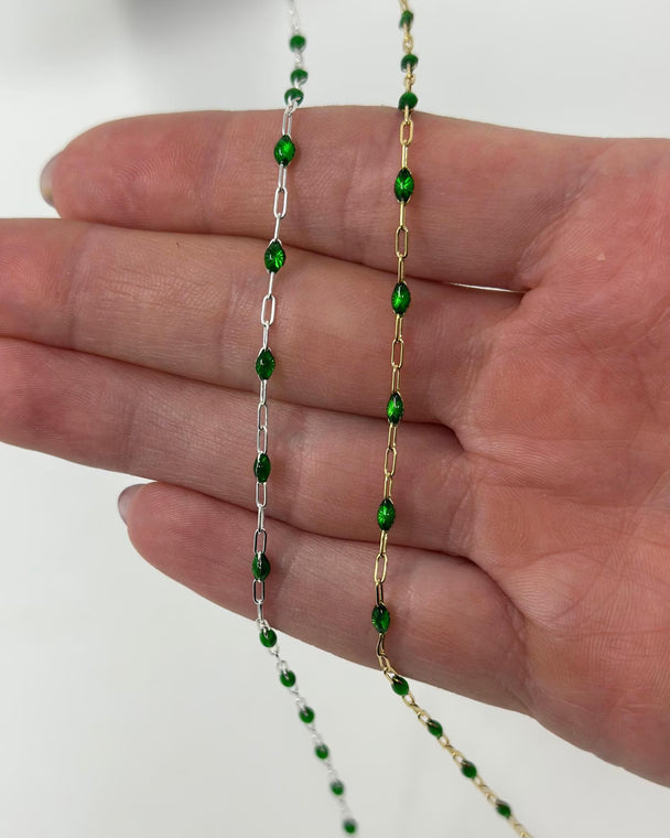 Green Enamel Paperclip Chain: 14k Gold Filled or 925 Sterling Silver