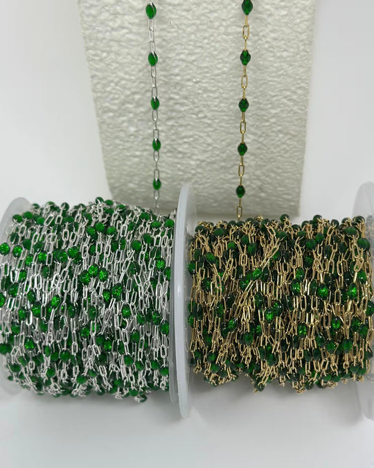Green Enamel Paperclip Chain: 14k Gold Filled or 925 Sterling Silver